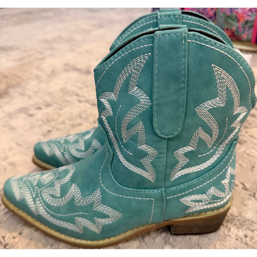 Turquoise Western Ankle Boots White Contrast Stitch Embroidery Pointed Toe 35 5